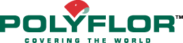 POLYFLOR written in green with a red rool of carpet above, covering the world written underneath